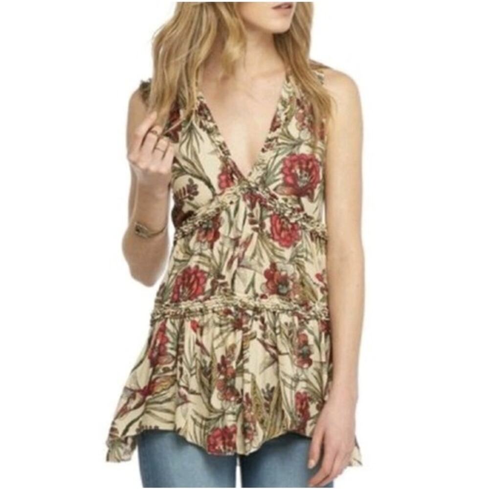 Free People Top  Tan Pink Floral Haze Tiered Tunic Hummingbird Boho